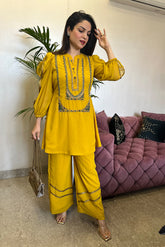 Yellow Embelished Set With Balloon Sleeves